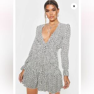 PrettyLittleThing Beige Dalmatian Print Shirred Frill Hem Bodycon Dress